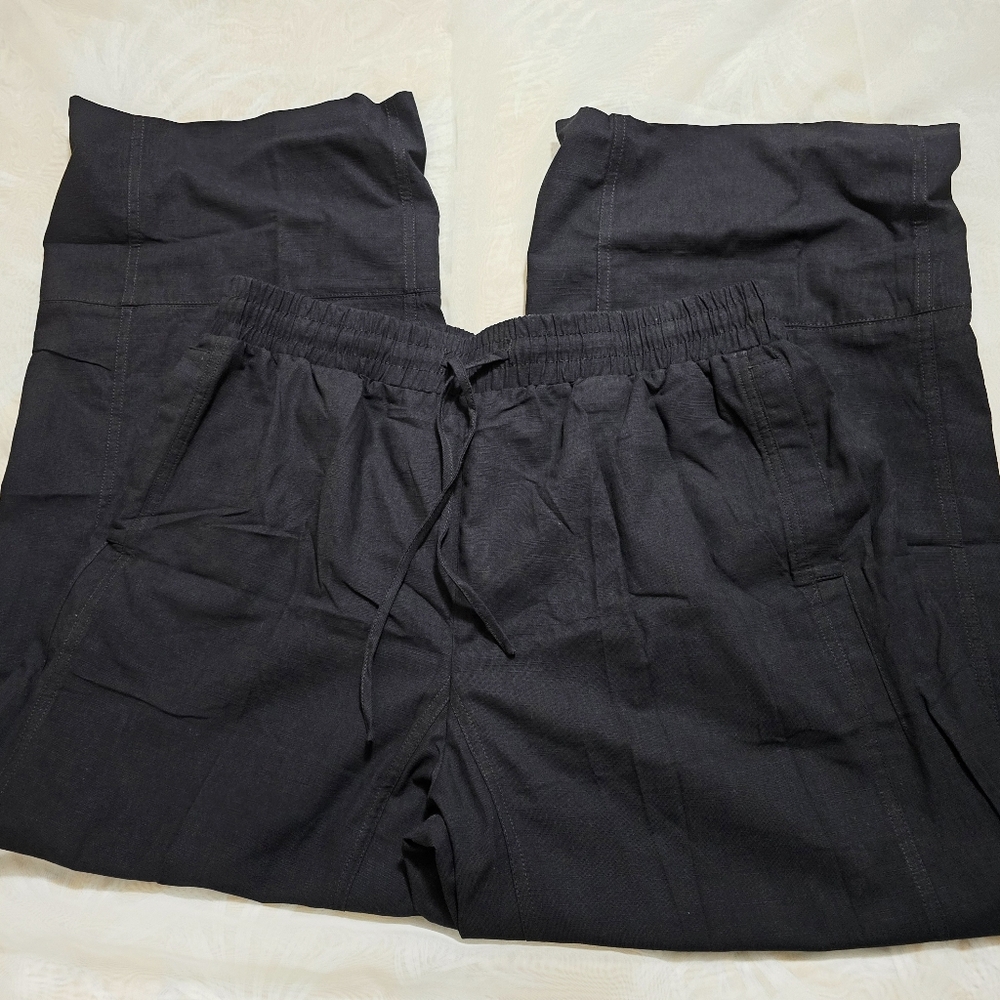 Black Wide Leg Cropped Linen Cotton Blend Drawstring Pants
